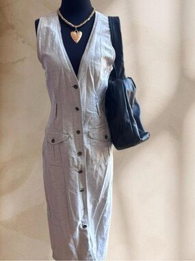 Sleeveless Button-Front Beige Cotton Dress